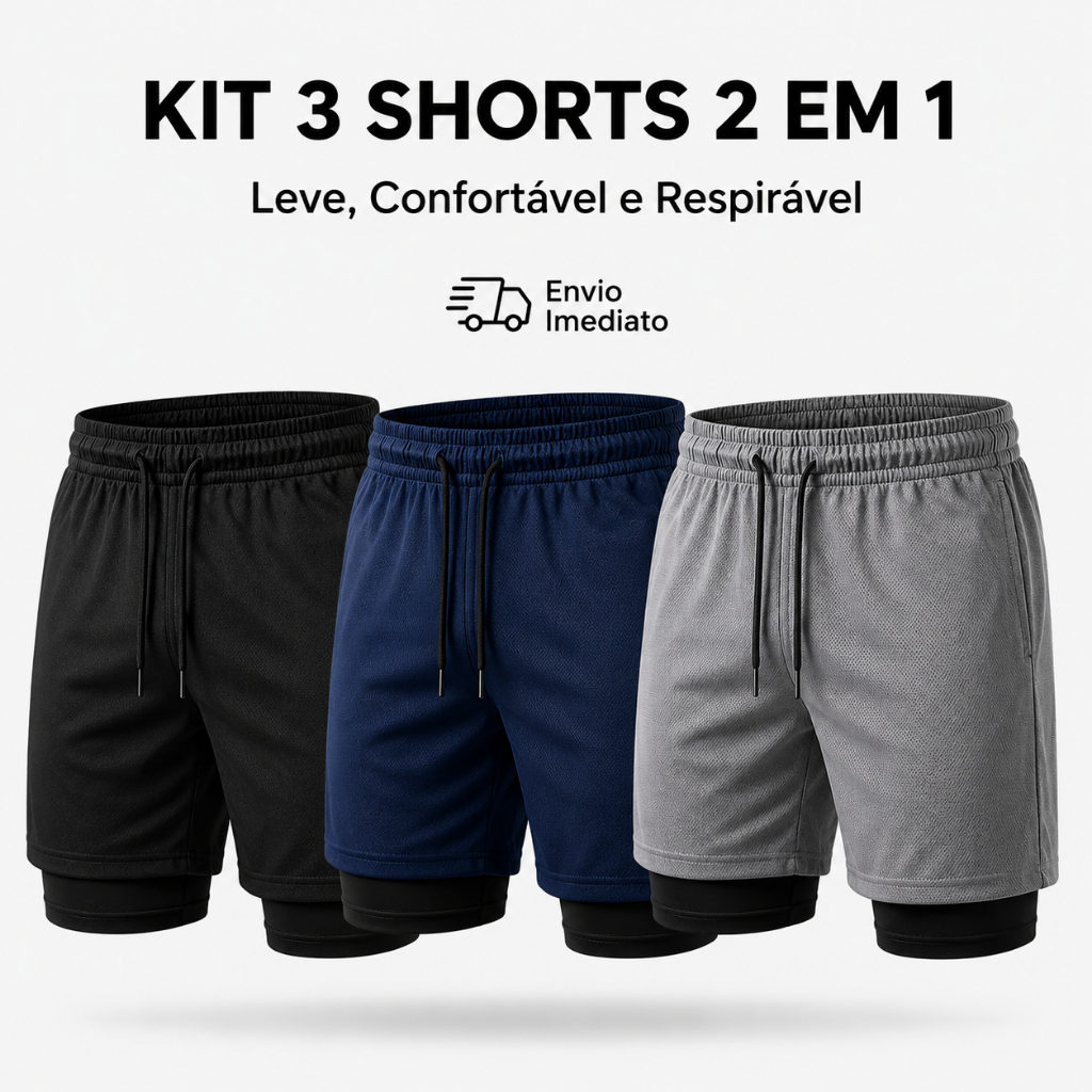 Kit 3 Shorts Masculinos 2 em 1 Academia Secagem Rápida com Elastano Fitness