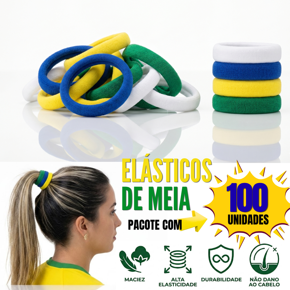 Imagem Kit 100 Elásticos de Meia Cores do Brasil Rabicó de Cabelo Macio Artesanato