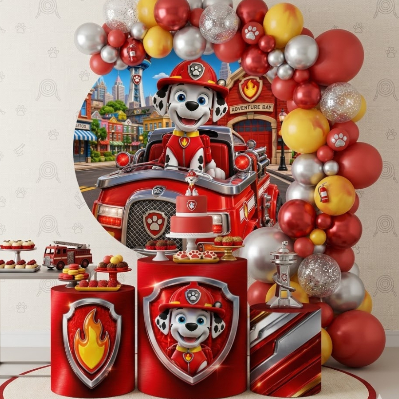 Kit Capas Marshall Bombeiro Painel + Cilindros Decoração Canina Festa Infantil Lançamento Cãozinho Patrulha