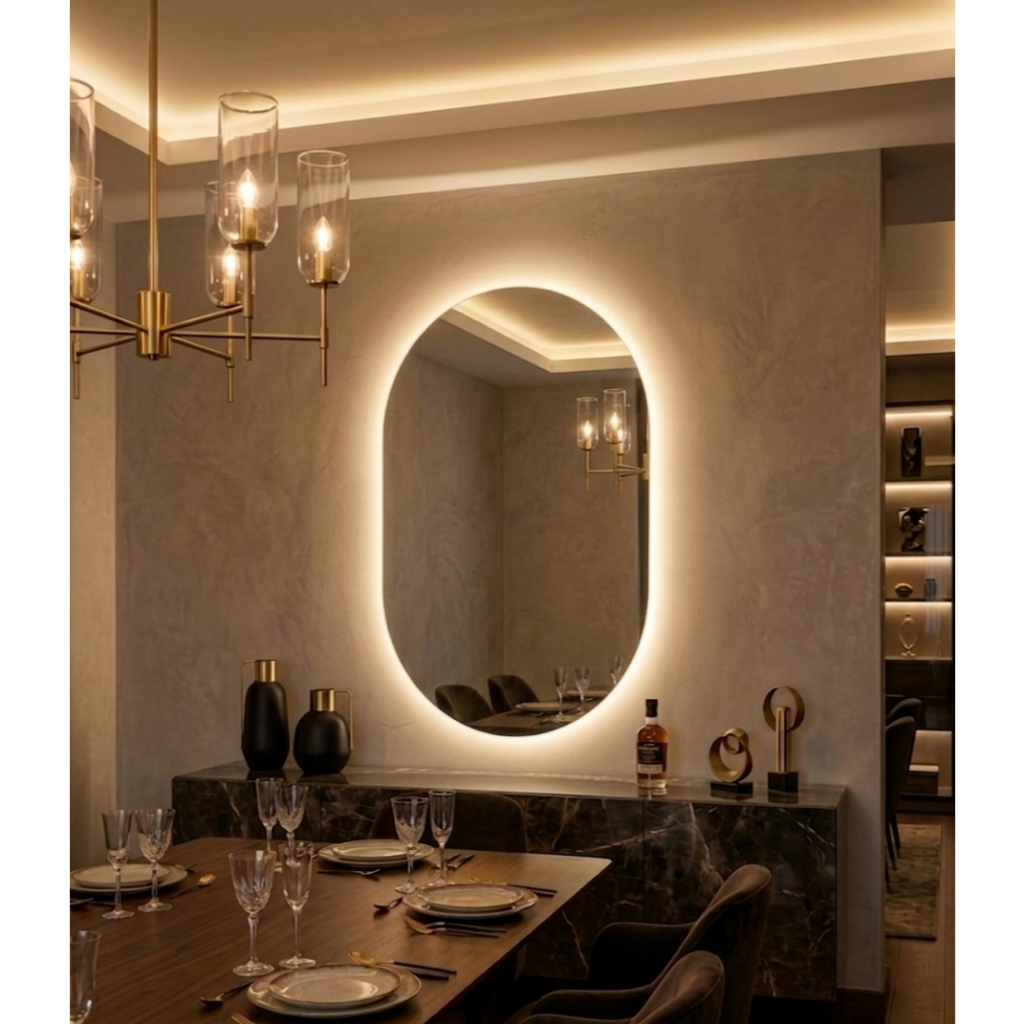 Espelho orgânico OVAL Grande com Led 80x50cm Lapidado à Pilha ou Fonte · foto 2