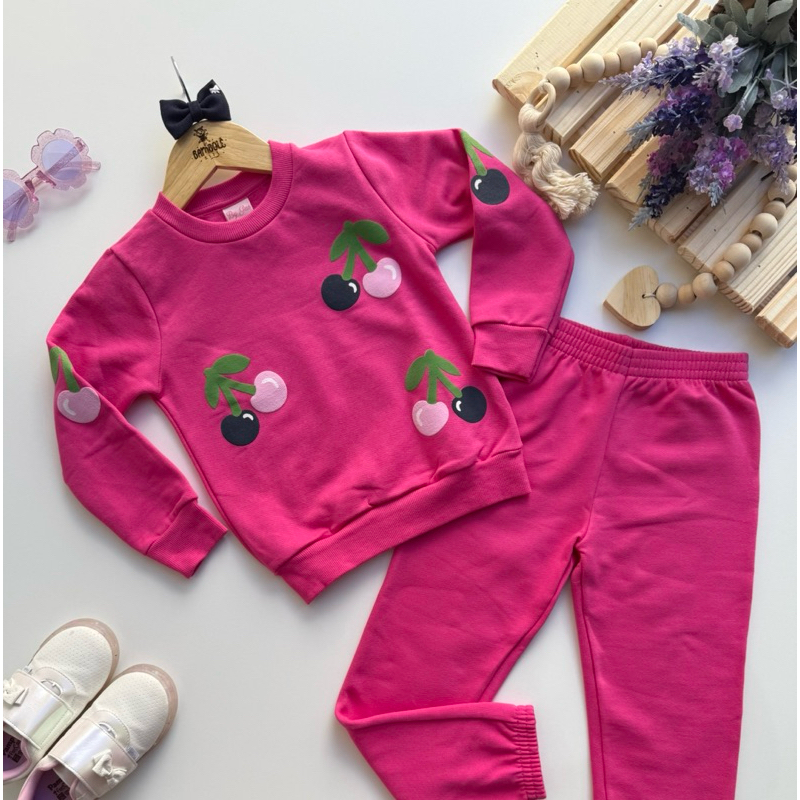 Conjunto Infantil Feminino By Gus Flanelado Pink Cerejinhas Inverno Quentinho