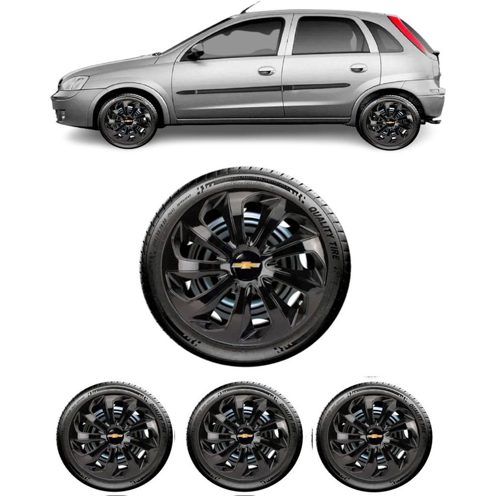 Jogo 4 Calotas Esportiva Velox Preto Brilhante Aro 14 Adaptável Corsa Hatch Super Classic Joy 97 98 99 2000 2002 2003