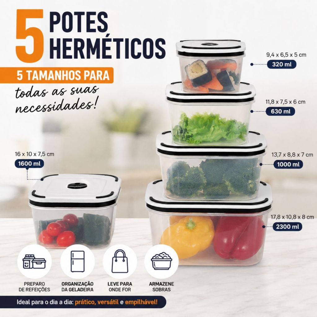 Kit 4/5 Potes Herméticos De Plástico Com Tampa De Vedação Uso Em Freezer E Micro-ondas.