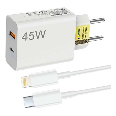 Carregador Iphone Turbo Fonte 45W 2 Entradas USB e USB-C + Cabo Lightning Ultra Rápido Iphone 6 7 8 X XR XS 11 12 13 14