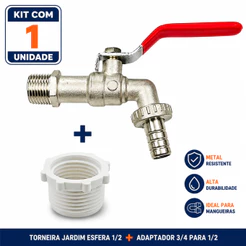 Torneira Jardim Esfera 1/2 Com Adaptador 3/4 Para 1/2 | 1 Unidades | Metal Resistente Para Mangueira Tanque Lavanderia