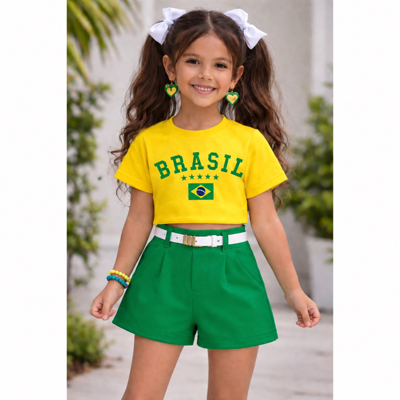 Conjunto do Brasil Infantil Menina 4 ao 12 / Shorts com cinto e Cropped ou Tshirt / Camisa do Brasil Infantil Menina
