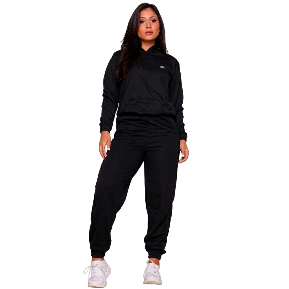 Conjunto Feminino Inverno Casaco De Moletom Calça Jogger Conforto Bolso Canguru Adulto