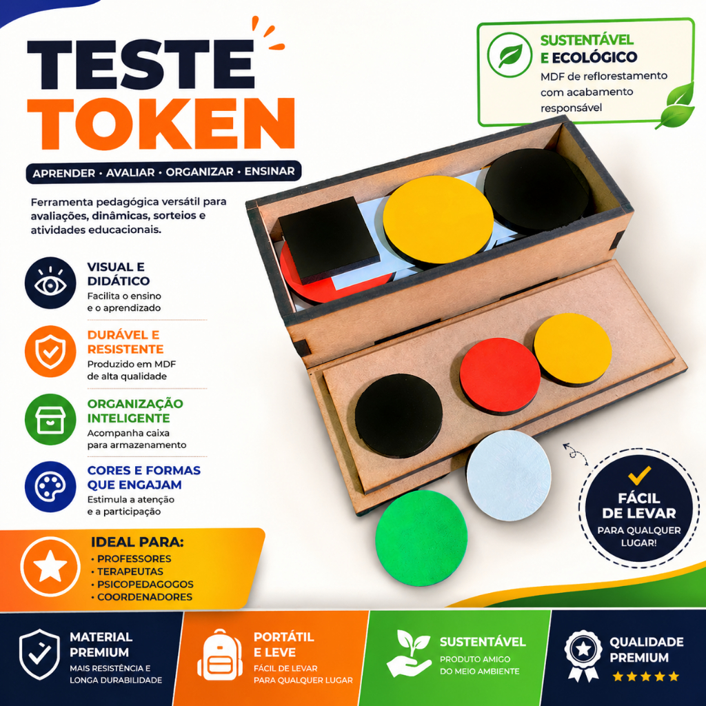 Educativo Teste Token Caixa em Madeira Pedagogico Infantil TEA TDAH Autismo neuro psico Brinquedo Aplicação