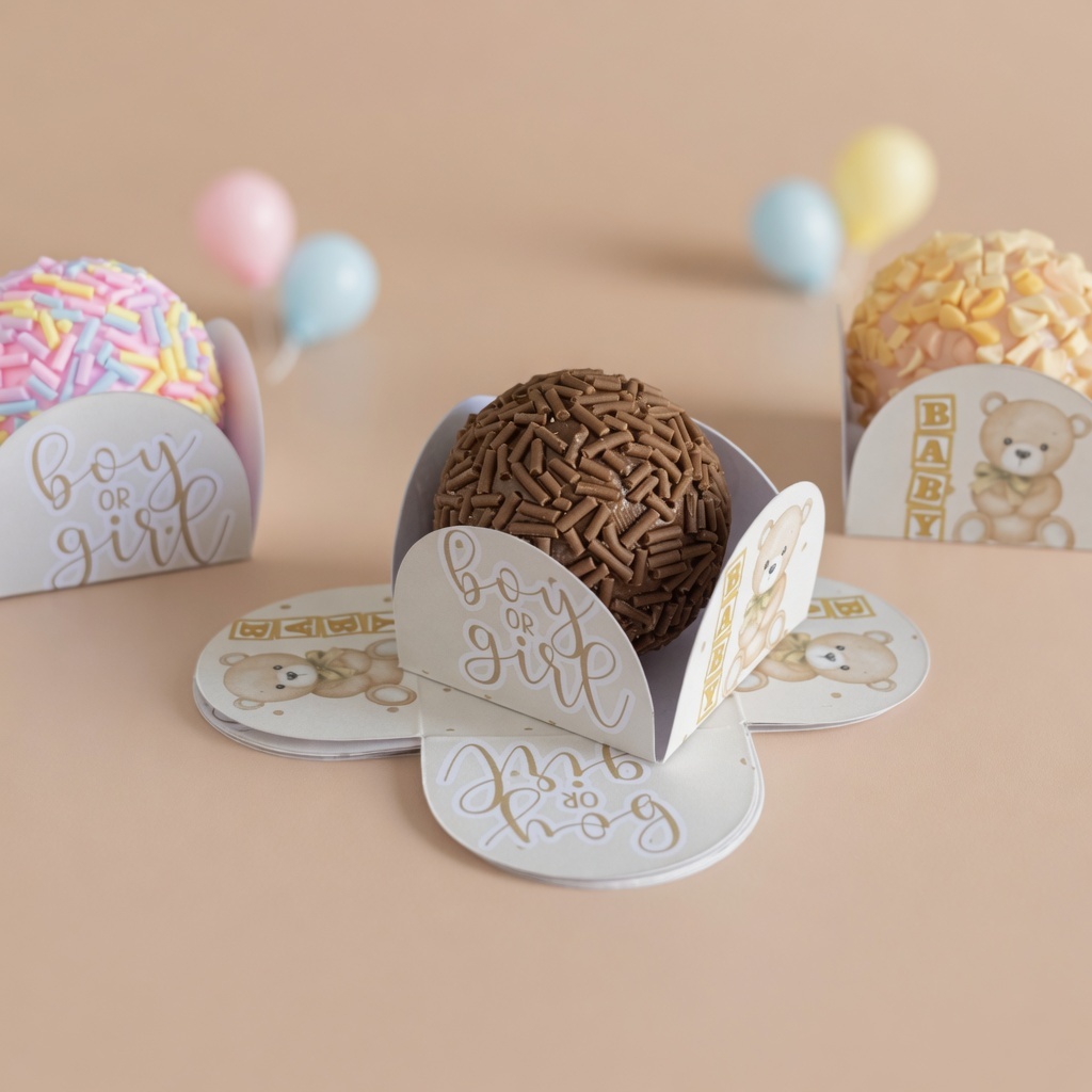 Forminhas de Doce Brigadeiro 4 Pétalas Festa, Chá Revelação, Ursinho Dourado Neutro