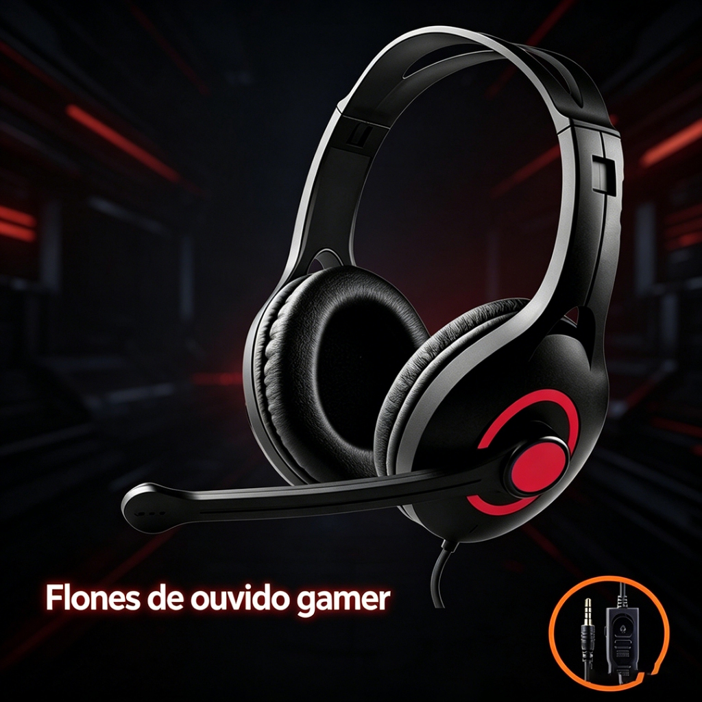 Headset Gamer com Microfone Stereo, Fone de Ouvido para Jogos Compatível PC, PS4, Xbox, Computador e Celular