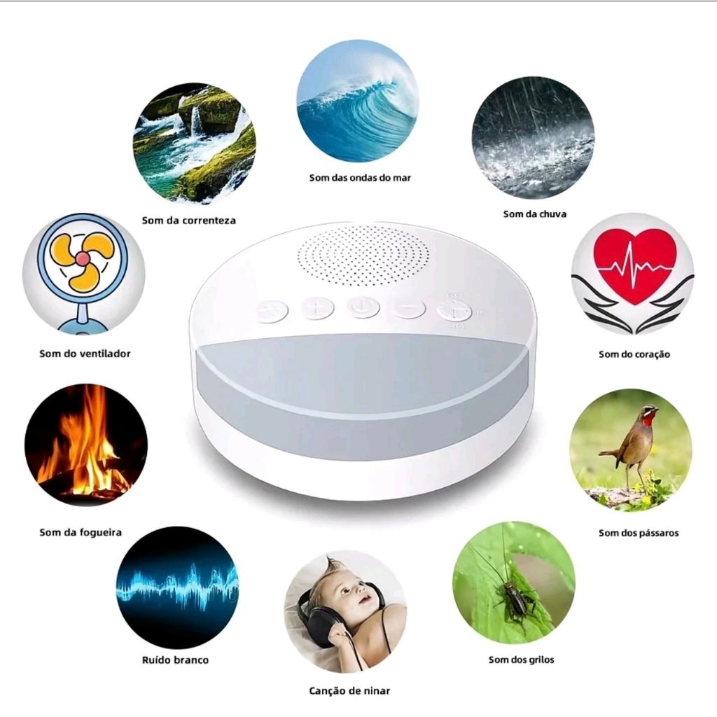 Reprodutor Portátil de Som de Sono para Crianças Música e Ruído Branco Dispositivo Auxiliar de Sono com Música e Luz