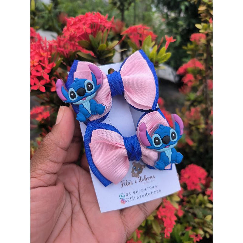Parzinho de Laços Stitch Rosa e Azul 7,5cm x 4,5cm no Bico de Pato Encapado | Laço Infantil Artesanal Luxo