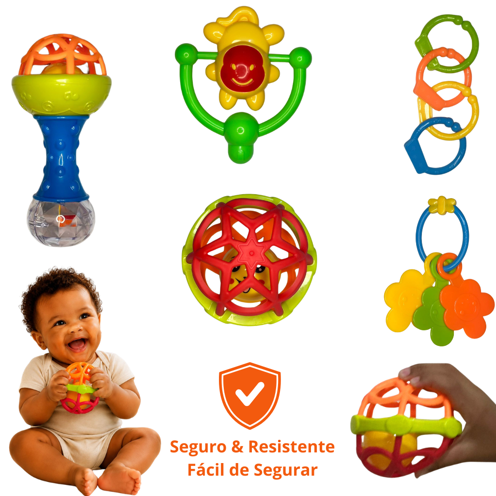 Kit 8 Peças Brinquedo Bebe Mordedor Chocalho Sensorial Macio Anatomico Silicone Seguro Flexivel