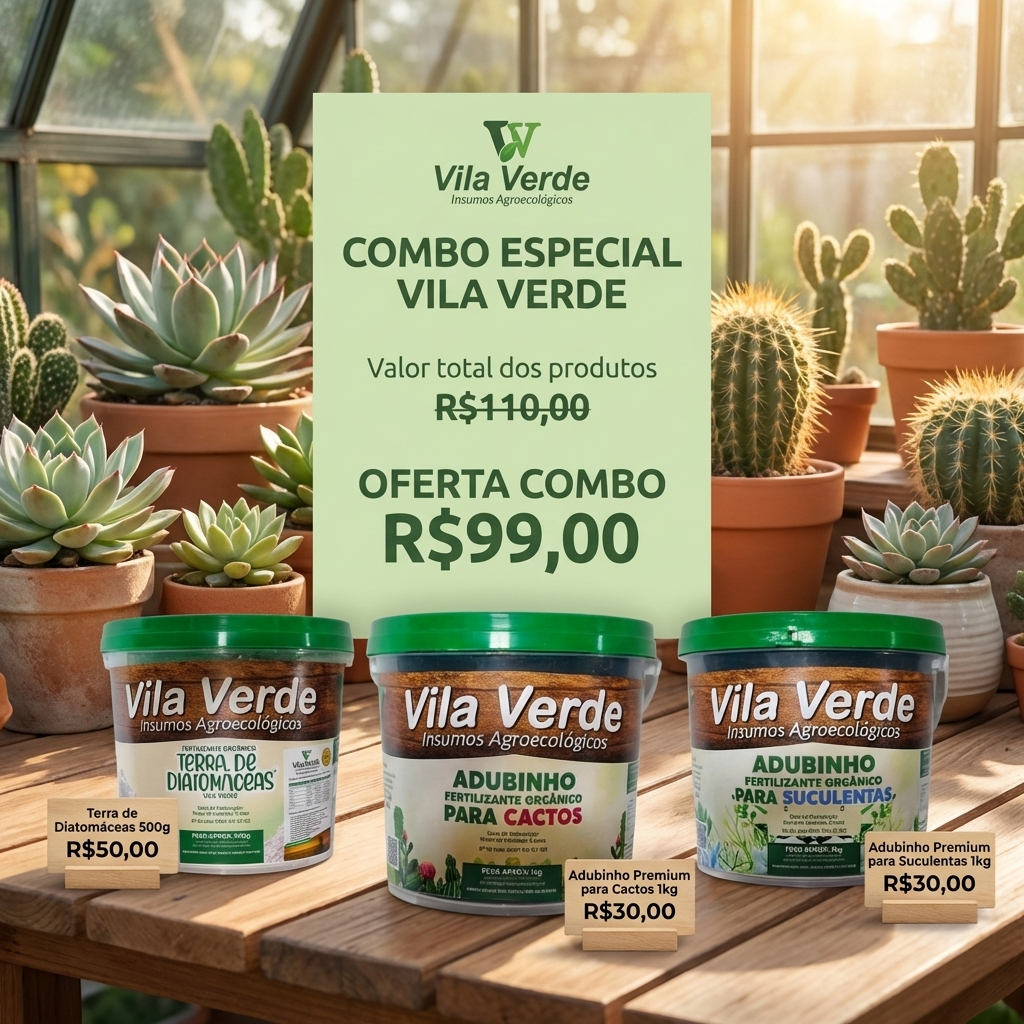 Combo Vila Verde Terra de Diatomáceas 500g Adubinho Cactos 1kg Adubinho Suculentas 1kg