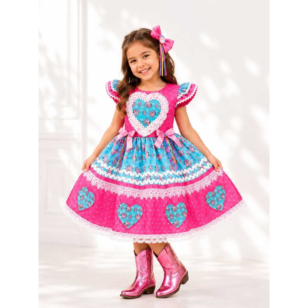 Vestido Infantil Junino Azul Turquesa e Rosa Chiclete Luxo Festas