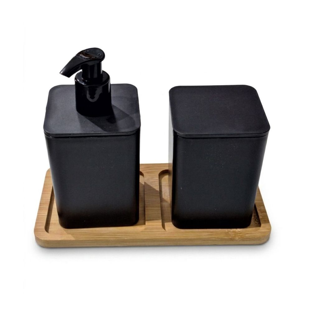 Kit Organizador Banheiro - Bandeija Bambu + Dispenser Sabonete Liquido +  Pote Multiuso