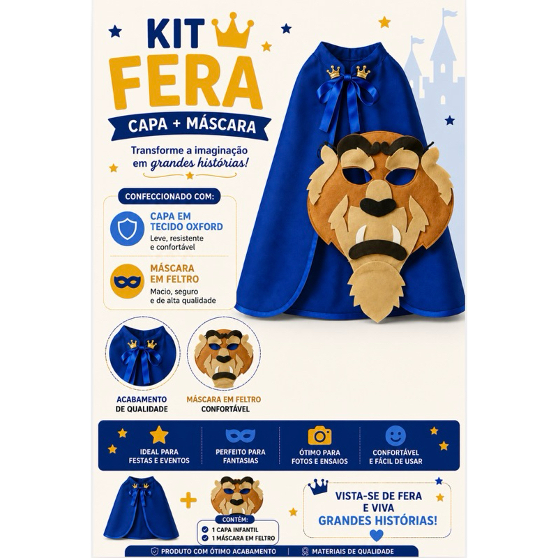 Fera - Bela e a Fera - 14 kits capa e máscara infantil  -