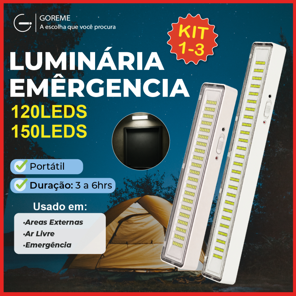 Luminária Emergência Portátil 120 ou 150 Led PRO Branco Frio 110V-220V Bivolt