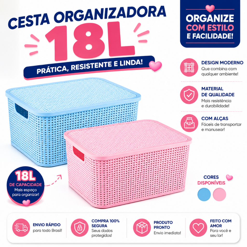 Caixa/Cesto Organizadora Rattan 18L 38x28 c/ Tampa Resistente - Brinquedos/ Bebê/ infantil Multiuso.