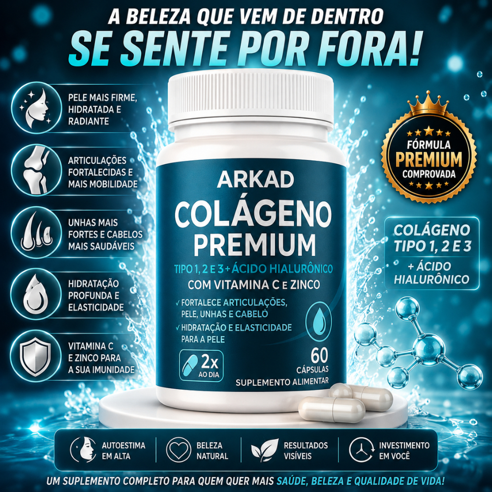 Colágeno Tipo 1, 2 e 3 com Vitamina C 60cps - Arkad suplementos