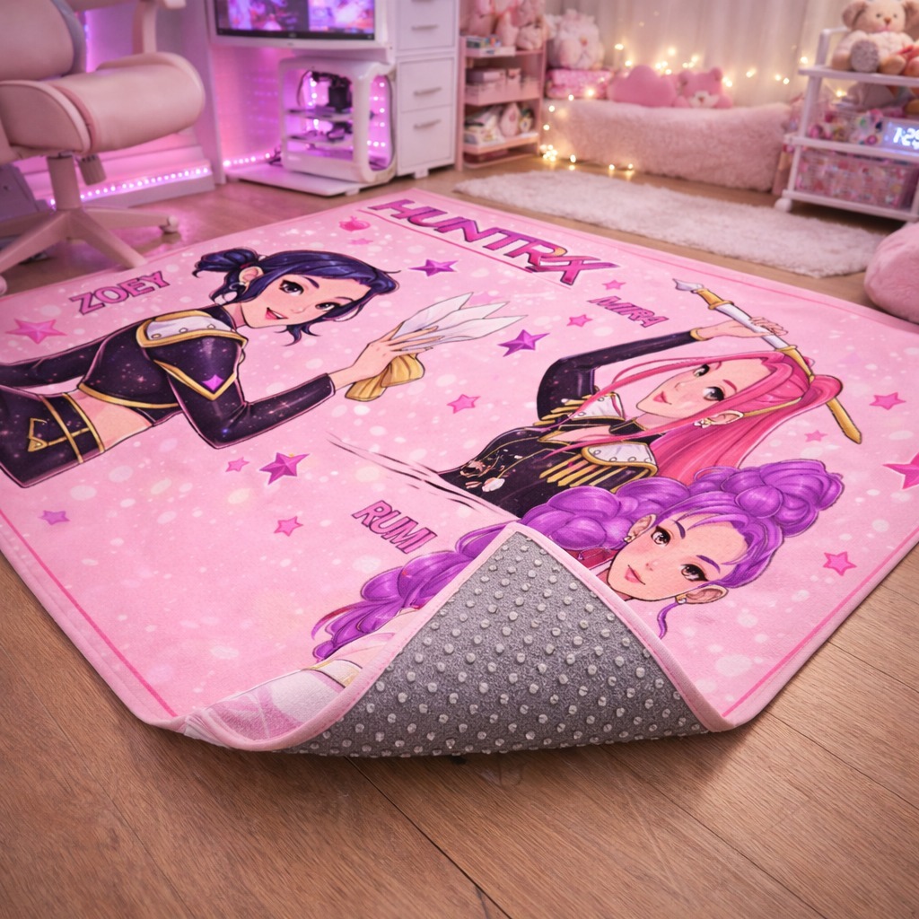 TAPETE DECORATIVO INFTANTIL GUERREIRAS DO KPOP HUNTRIX AVELUDADO TAMANHO 130X100