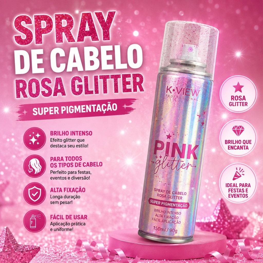 Spray De Glitter Para Cabelos Pink Princesa POPPER Rosa Glitter 135ml Brilho Intenso Festa Carnaval Fantasia