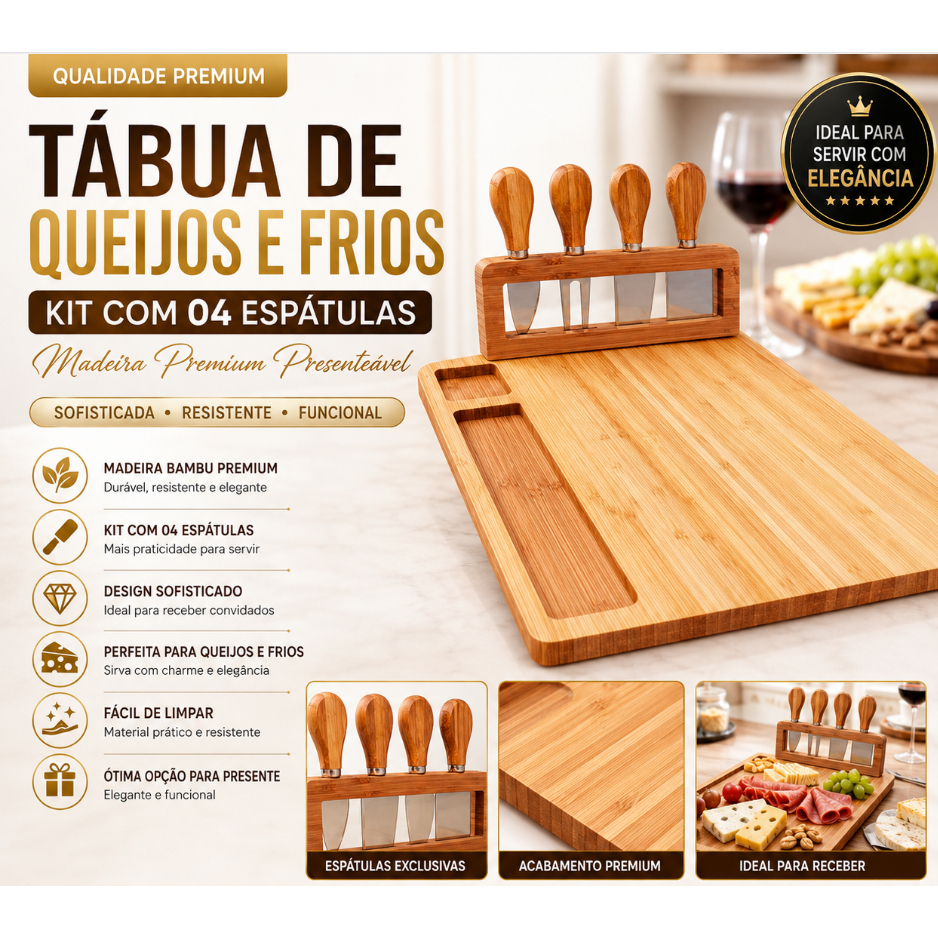 Tábua de Queijos e Frios  com 04 Espátulas Madeira Presenteável