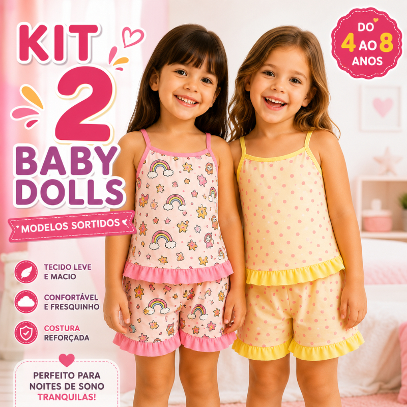 Kit 2 Baby Doll Infantil Menina Pijama Infantil Short Doll Confortável |06| Lançamento