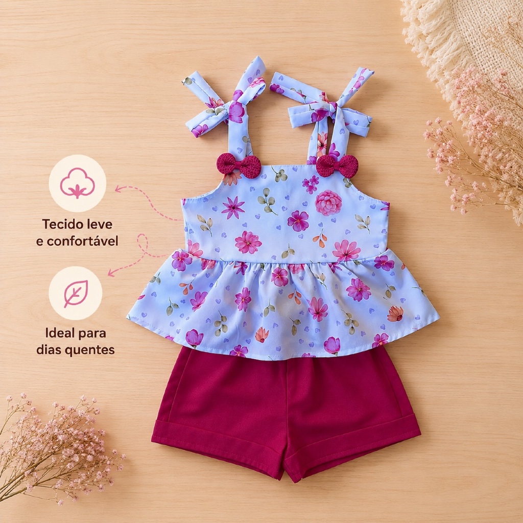 Conjunto Infantil Feminino Bata Floral Shorts Rosa Roupa Menina Bebê Verão Casual Conjunto 1 a 6 Anos