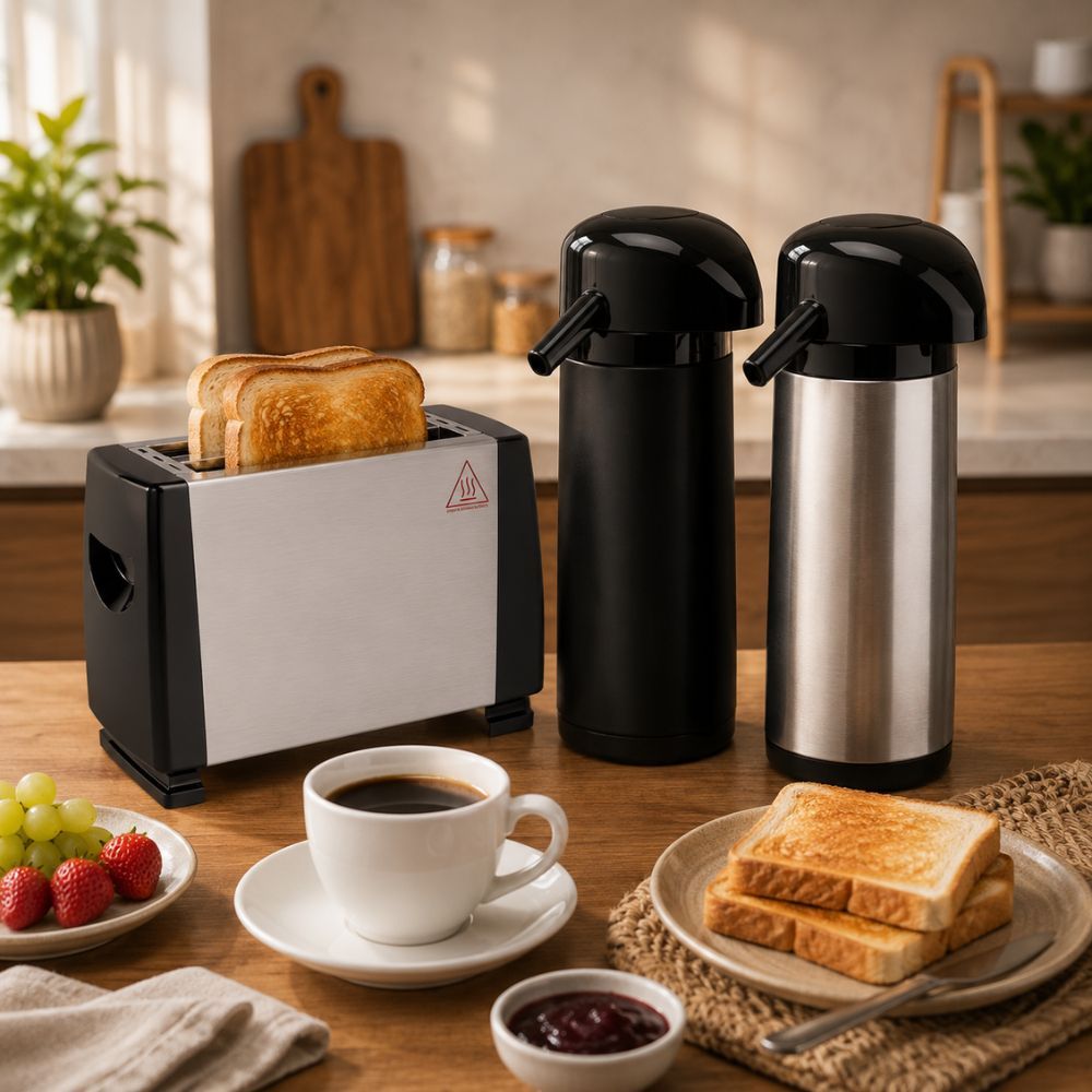 Kit Café da Manhã Torradeira Elétrica Inox 127V 6 Níveis + Garrafa Térmica 1L Pressão Chá  Chimarrão