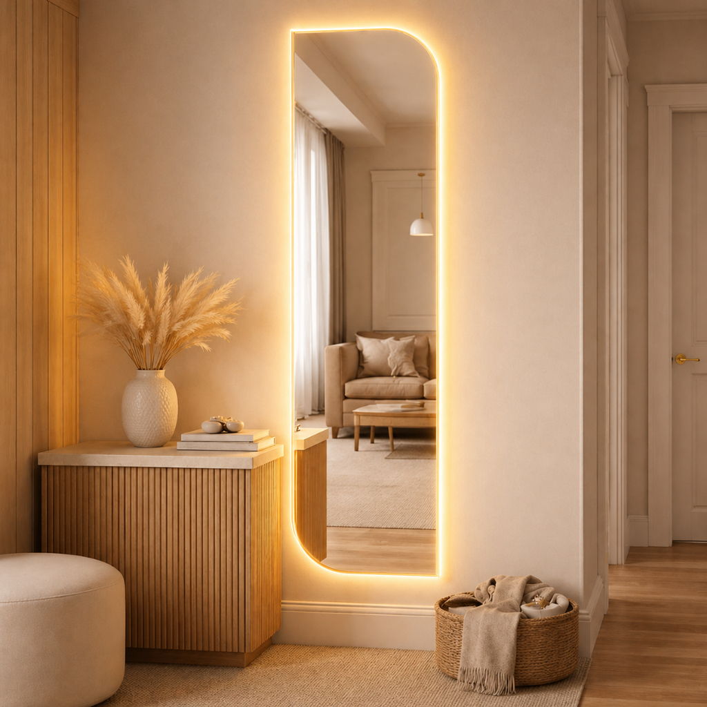 Espelho Corpo Inteiro Retangular Assimétrico 44x160cm com LED Amarelo Para Quart