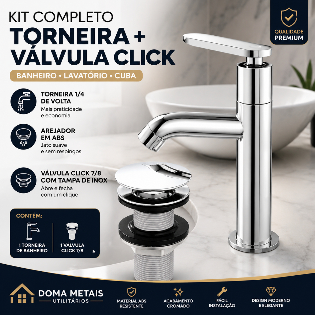 Torneira Banheiro Pia Lavabo Cromada Luxo 1/4 de Volta Abs Bica Média +Valvula Click 7/8 Cromada Abs
