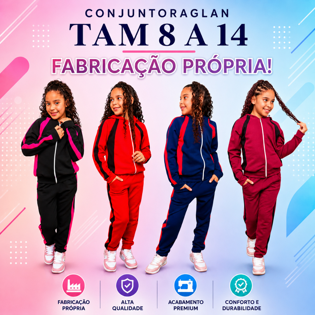 Conjunto De Frio Malha Crepe Manga RAGLAN Infantil Juvenil Feminino Blusa com Capuz e Ziper /Calça Tamanho 8 a 14