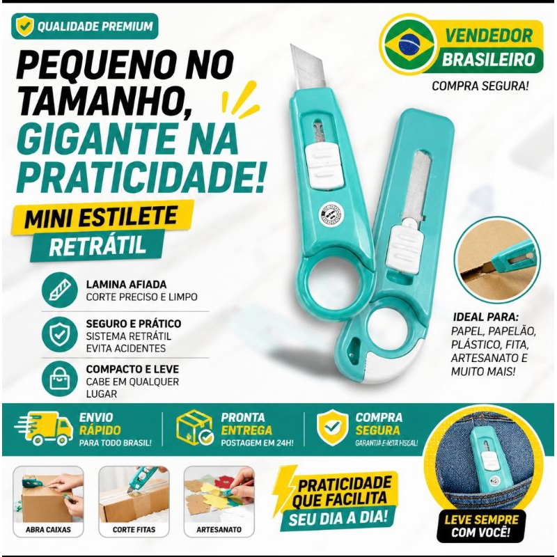 Mini Estilete Retrátil Portátil – Cortador de Precisão Super Afiado | Chaveiro Multiuso