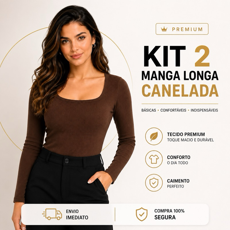 Kit 2 Blusa Feminina Decote Quadrado Manga Longa Basica Lisa Ribana Premium Tendencia Outono Inverno