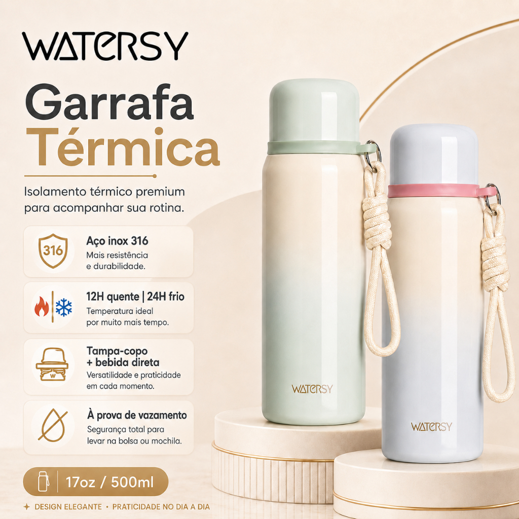 WATERSY Garrafa Térmica 500ml 17oz Aço Inox 316 Tampa Copo Portátil 12H Quente 24H Frio Antivazamento