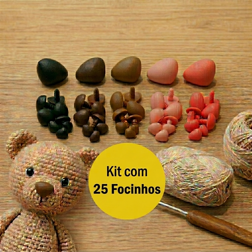 KIT COM 25 UNIDADES DE FOCINHOS PARA AMIGURUMI - CORES PRETO, MARROM, CARAMELO, ROSA CLARO E ROSA ESCURO