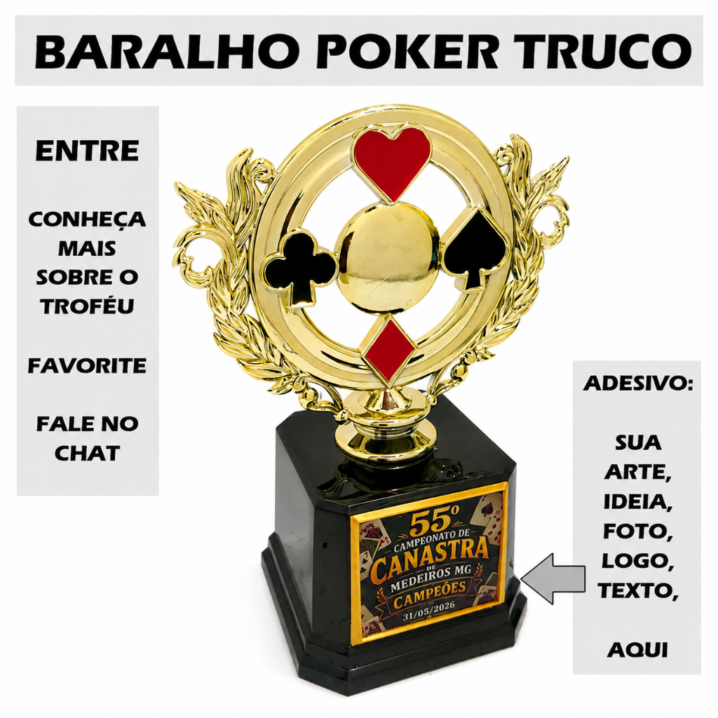 Troféu Baralho 4 Naipes Color Ouro 15cm BV1 [Personalizo] Trunfo Carteador paciencia