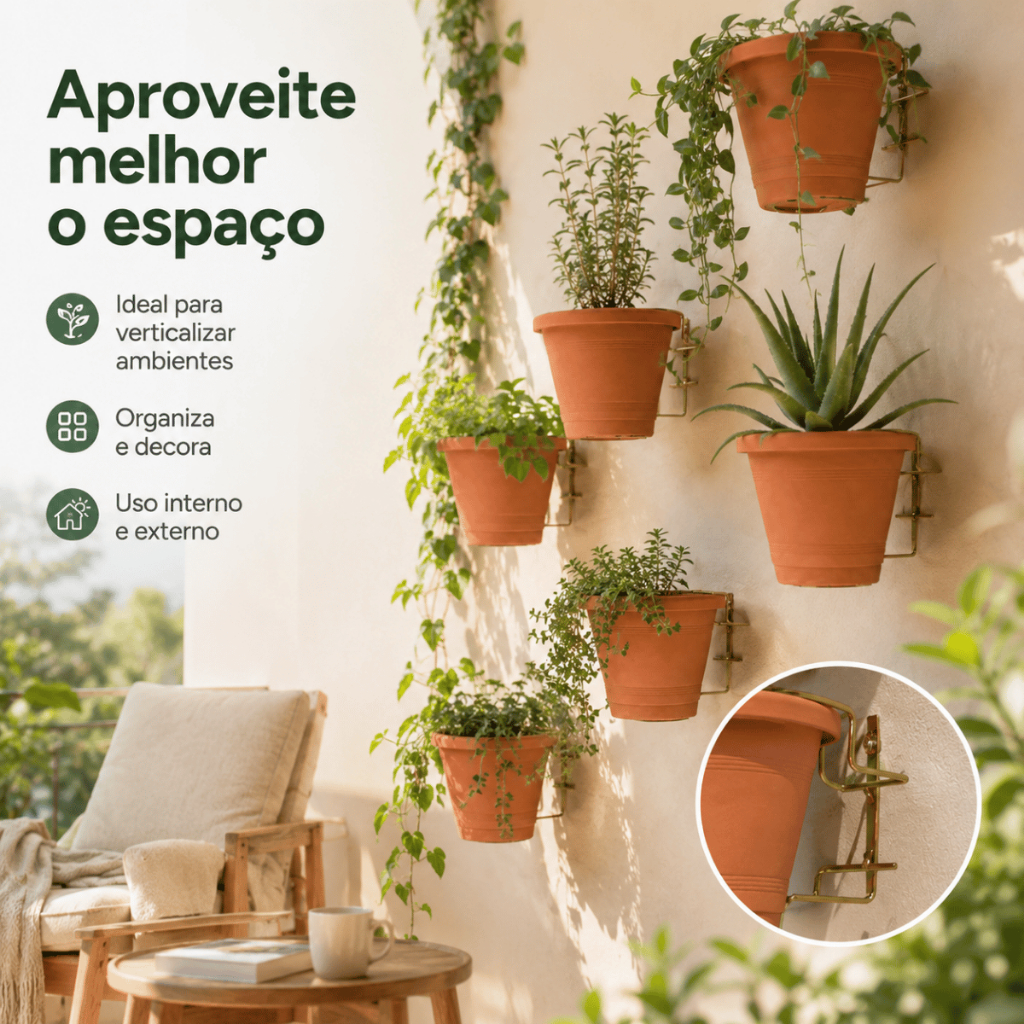 Kit Vasos com Suporte Humus Minhoca Jardim Vertical Planta Organizador Sacada Apartamento