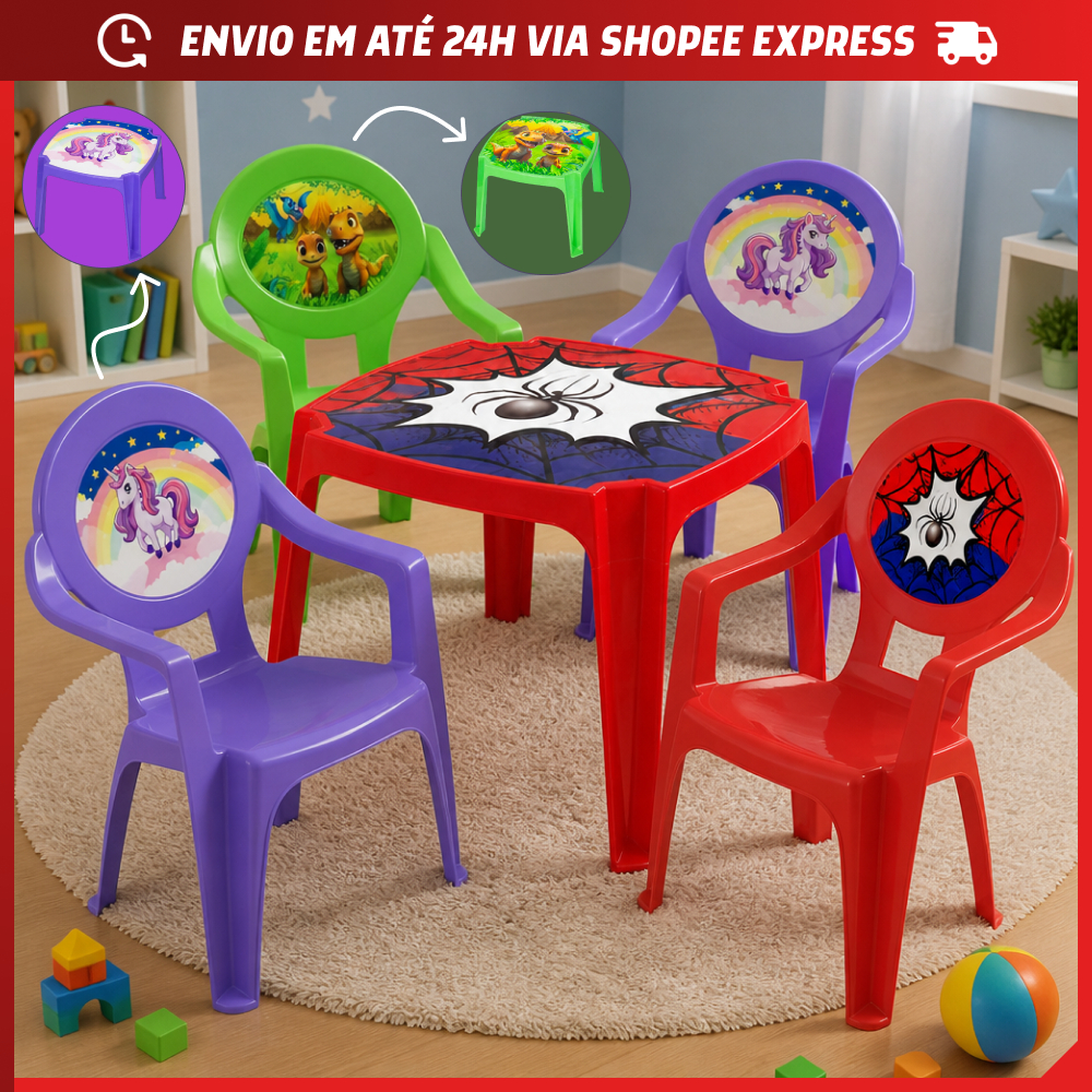Kit Mesinha Infantil com Cadeira Poltrona Menino Menina Feminino Masculino Personagens Várias Opções