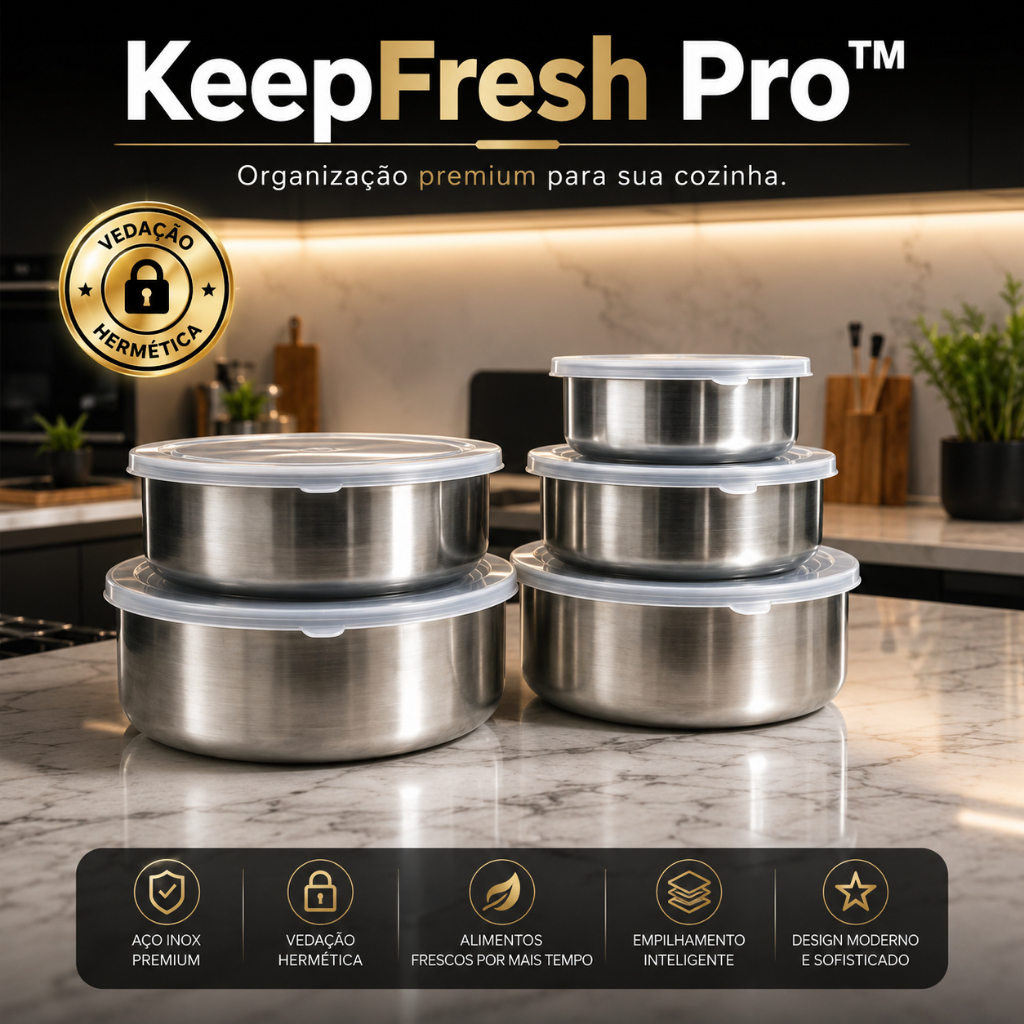 Kit 5 Potes Herméticos Inox com Tampa Vedação KeepFresh Pro™ Organizador de Geladeira e Marmitas