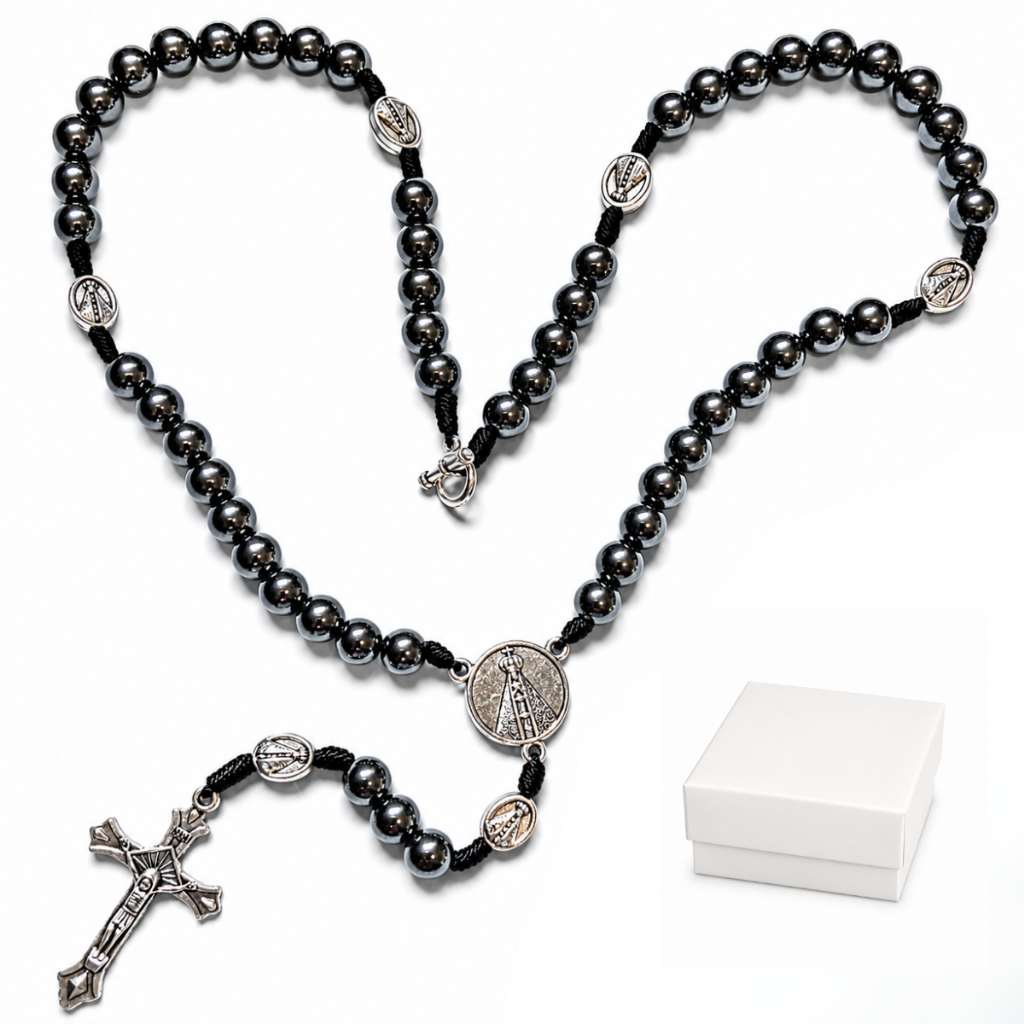 Colar Terço De Pescoço Nossa Senhora Aparecida 52cm Hematita Cor Terço Hematita São Bento