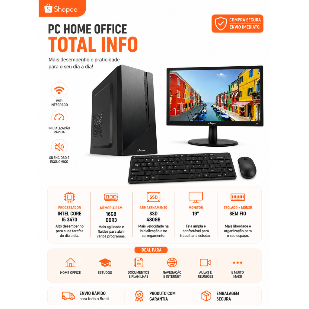 Pc Home Office Total Info Core I5 3470-16gb Ddr3 - Ssd 480gb - Teclado E Mouse Sem Fio - Monitor 19'' - Wifi