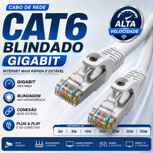 Cabo de Rede CAT6 Blindado RJ45 Ethernet Gigabit p/ CFTV e Internet –3m,5m,10m,15m,20m,30m,50m
