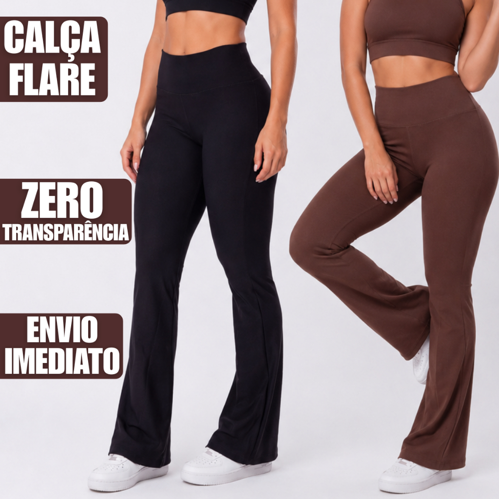Calça Flare Feminina Cintura Alta Academia Bailarina Boca de Sino Zero Transparência Modela o Corpo