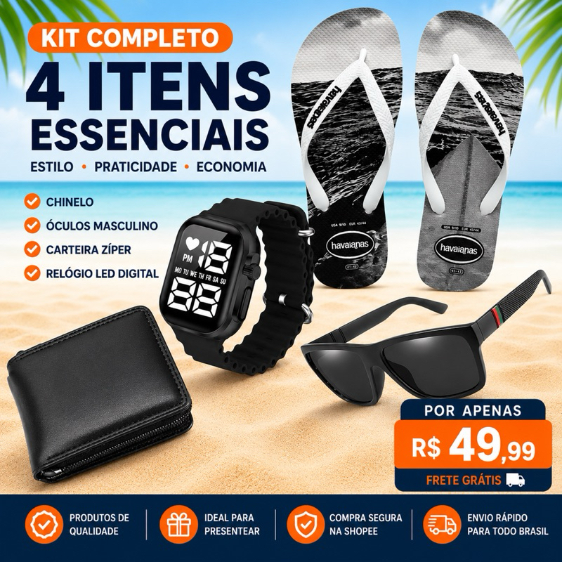 Kit Relógio Masculino Carteira Óculos e Chinelo Cartago Masculino | Kit Masculino com 4 Itens
