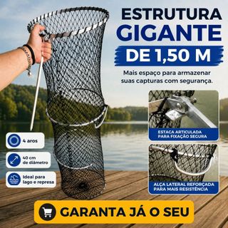 Samburá Pesca 1,50m Grande Reforçado com Estaca de fixação Um Par de Alças Viveiro Porta Peixe Rede Nylon Top Resistente