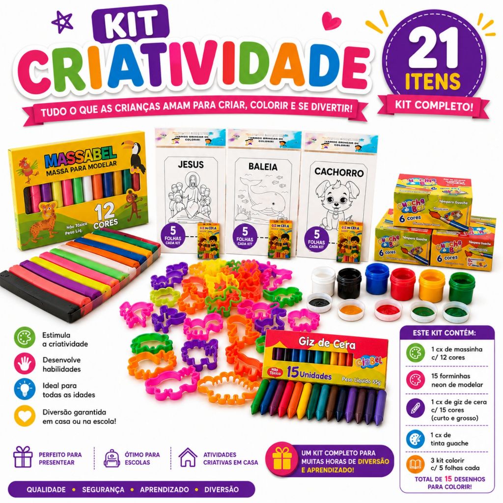 Kit (21 Itens): Massinha + Giz de Cera + Livro de Pintura + Tinta Guache + Cortador