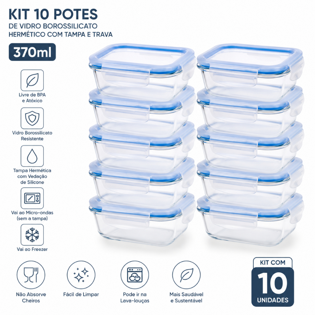 Kit 10 Potes de Vidro Borossilicato Hermético com tampa e Trava 370ml · foto 2