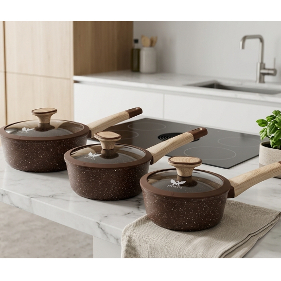 Imagem Jogo Panelas Caçarolas Cerâmica 6 Peças Café Indução Antiaderente Premium Cozinha Moderna